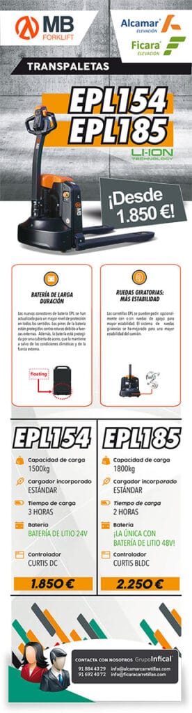 Cartel promocional con la oferta de Transpaletas MB Forklift EPT154 y EPT185